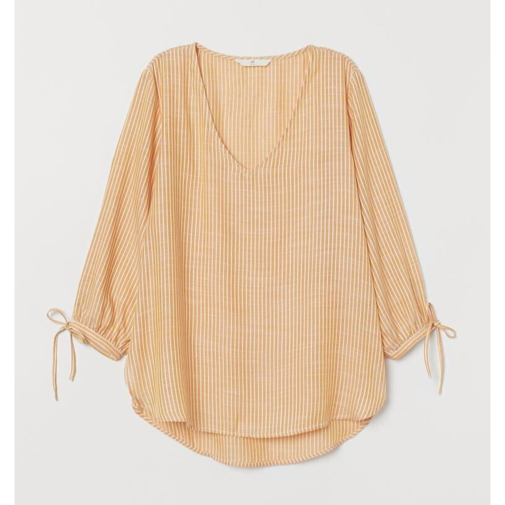 H&M Size 12 Womens Striped V-Neck Peasant Top Blouse 3/4 Sleeve Yellow White